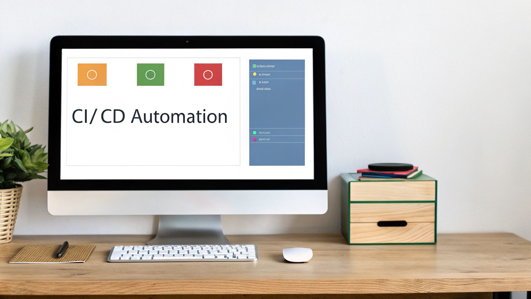A desktop computer displaying 'CI/CD Automation' on screen, keyboard, mouse, and plant on a wooden desk.