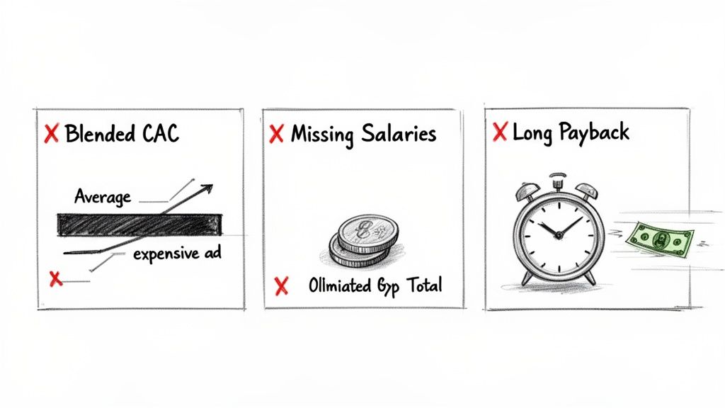 Illustrations showing errors in business metrics: blended CAC, missing salaries, and long customer payback.