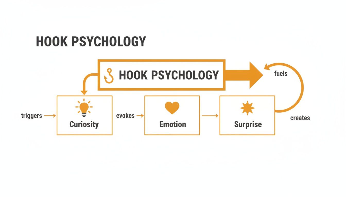 A diagram illustrating Hook Psychology: Curiosity triggers emotion, evokes surprise, which fuels the hook.