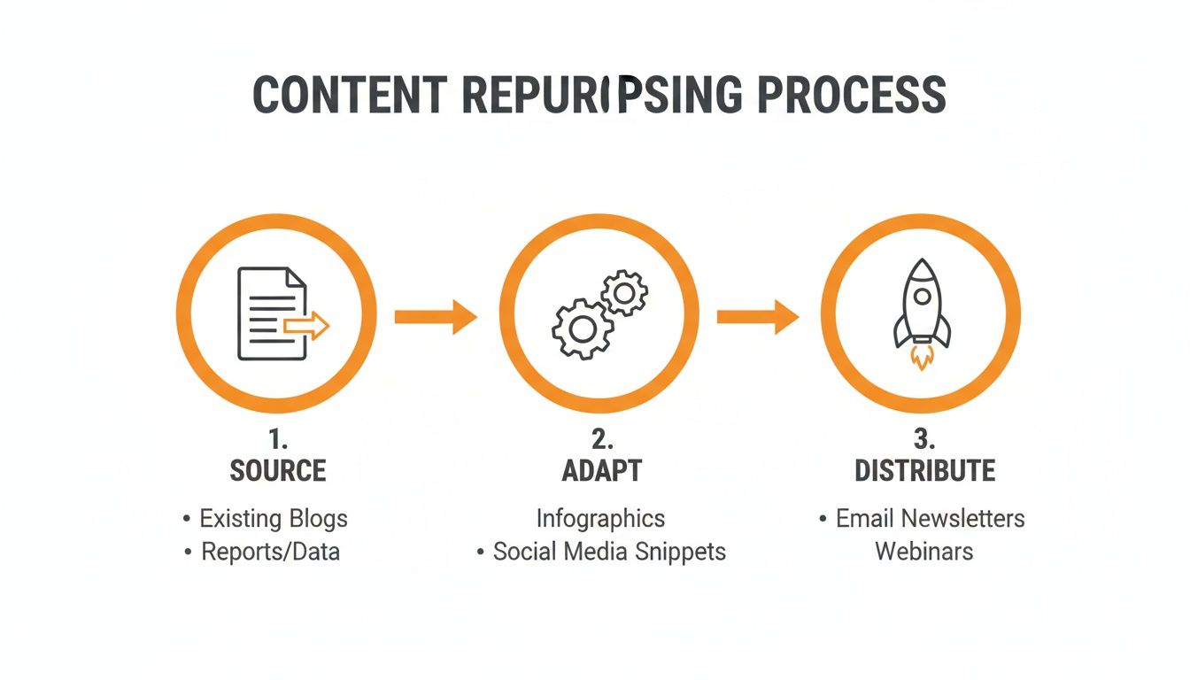 A diagram outlining a three-step content repurposing process: source, adapt, and distribute.