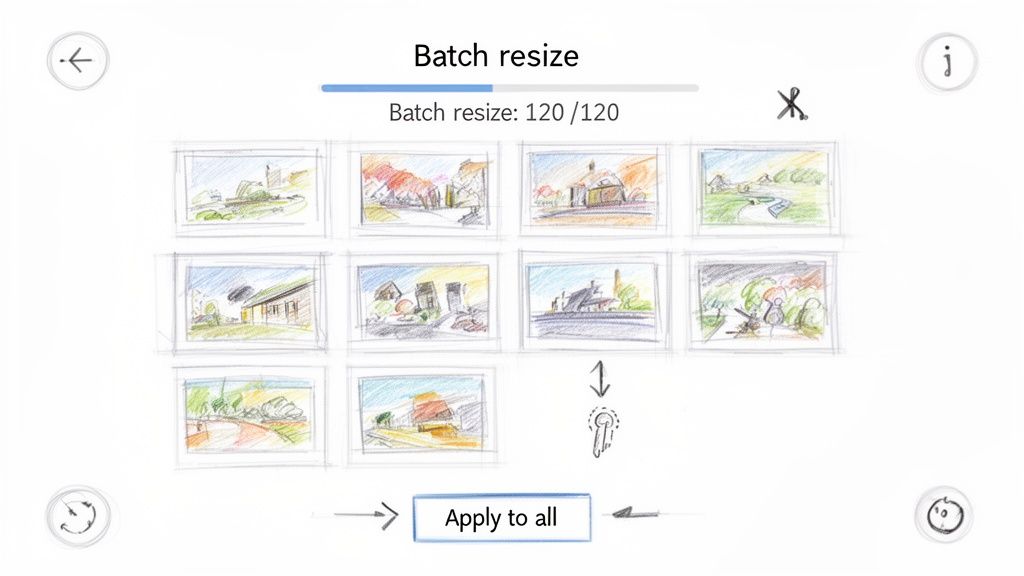 A software interface for batch resizing images, showing a grid of colorful sketches and controls.