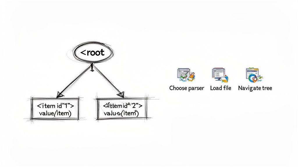Diagram illustrating an XML tree structure with a root and two item nodes, next to icons for choosing a parser, loading a file, and navigating the tree.