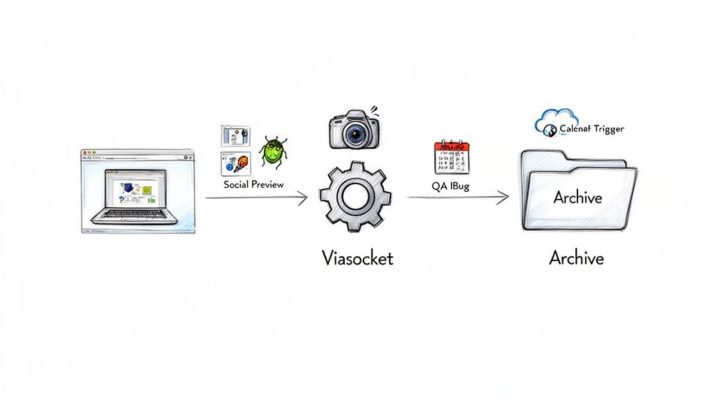 Workflow diagram depicting social preview, screenshot capture, Viasocket processing, QA, and archival steps.
