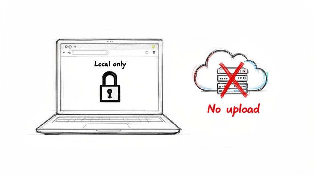Illustration showing a laptop with local-only data and a crossed-out cloud, meaning no upload to the cloud.