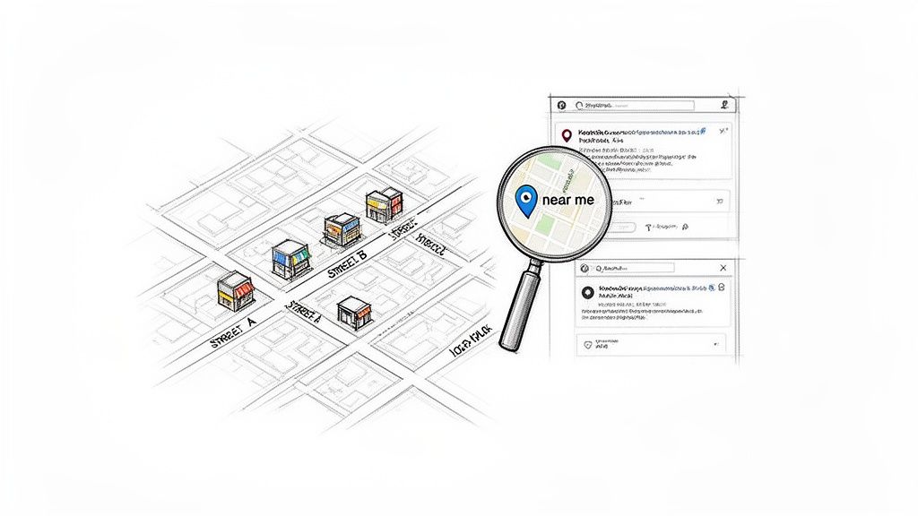 A sketch of a city map with local shops and a magnifying glass searching 'near me' businesses on a screen.