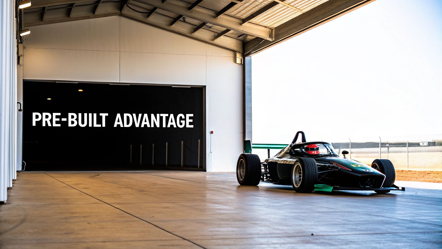 Black open-wheel race car parked in a hangar, with "PRE-BUILT ADVANTAGE" text on the wall.