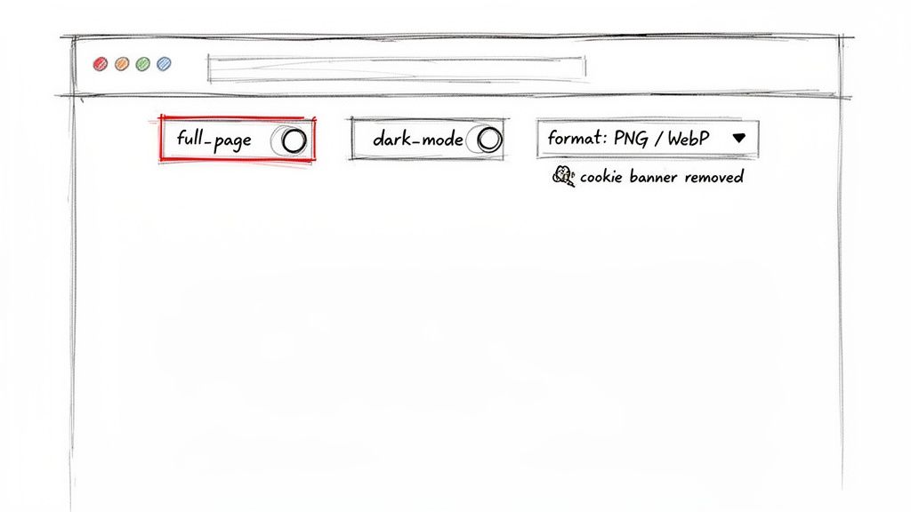 A hand-drawn sketch of a browser window featuring screenshot options including full page, dark mode, and format selection.