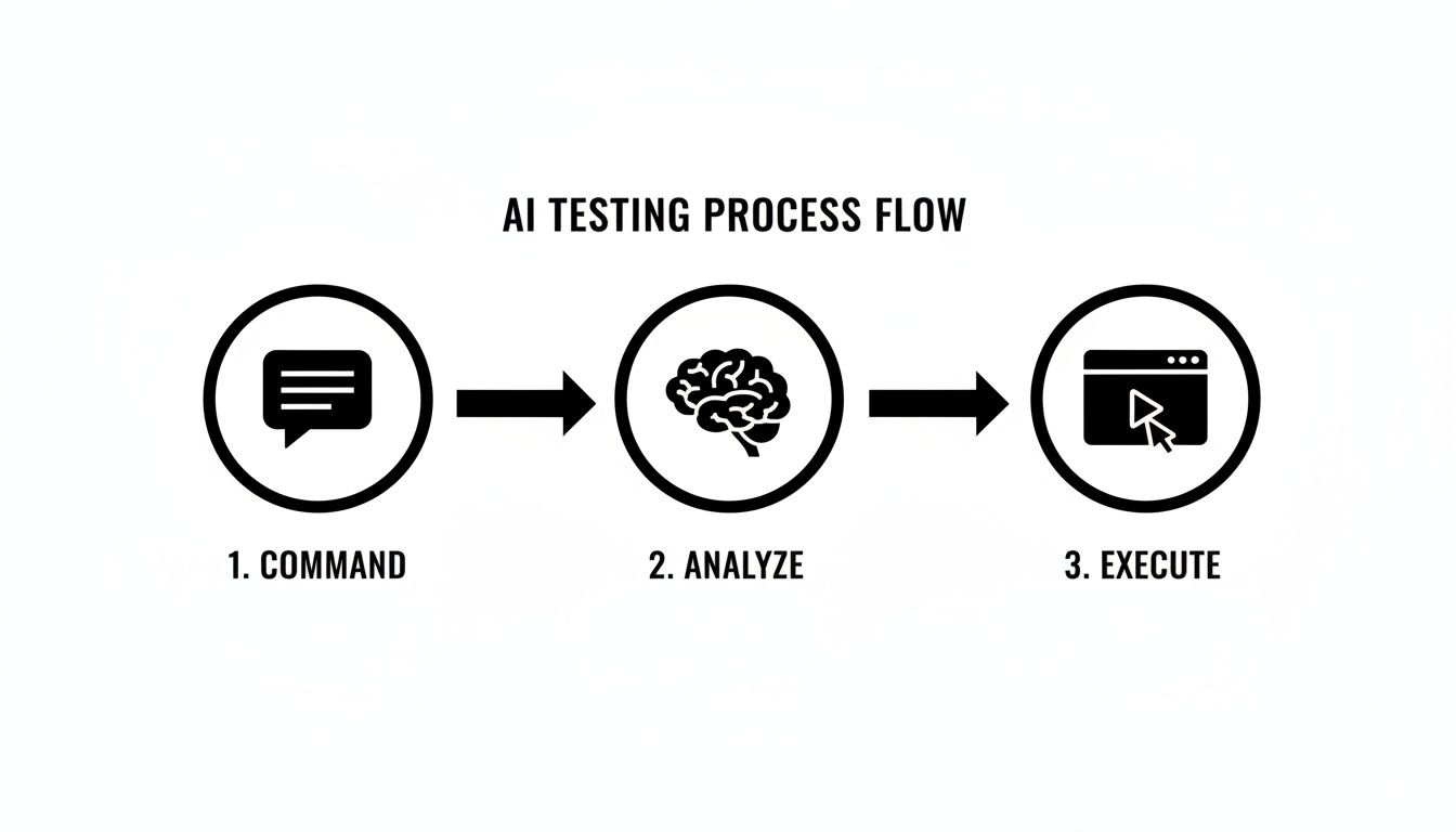 Flowchart illustrating the AI testing process with three steps: Command, Analyze, and Execute.
