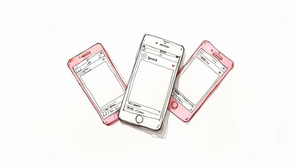 Three hand-drawn pink and white smartphones displaying blank social media app wireframes.