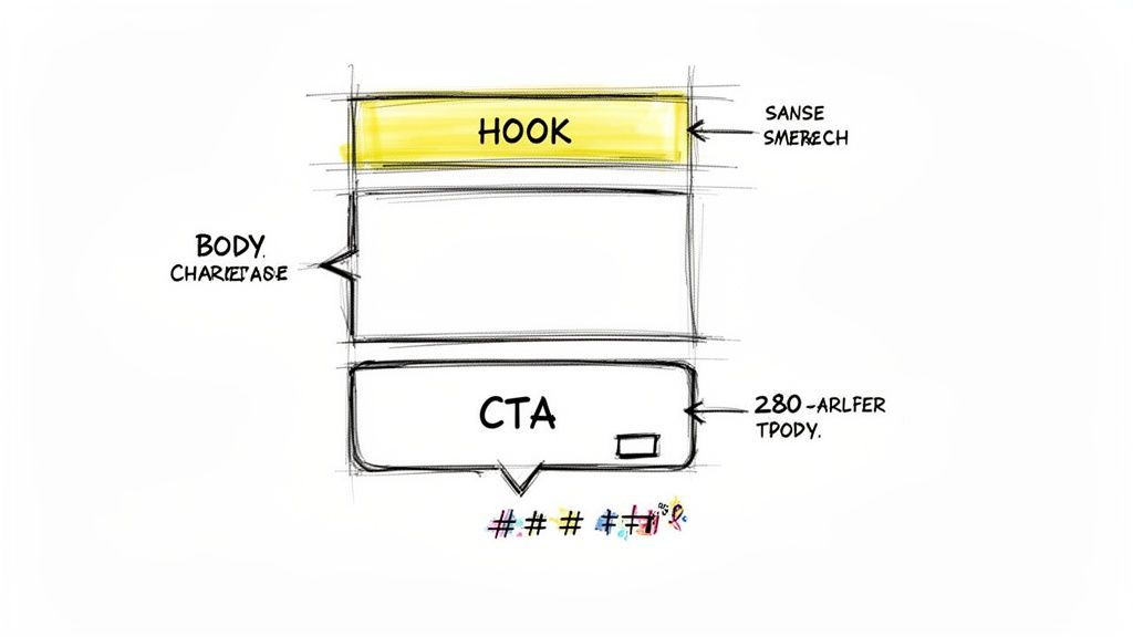 A sketch outlining an effective tweet structure, featuring a hook, body, and a call-to-action.