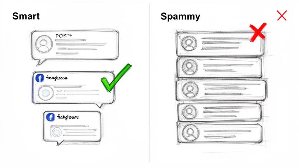 Illustration contrasting effective and excessive automatic cross-posting methods for social media.