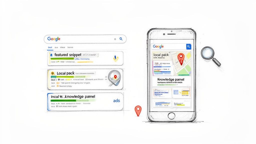 Sketched comparison of Google search results on desktop and mobile, highlighting SERP features like local pack.