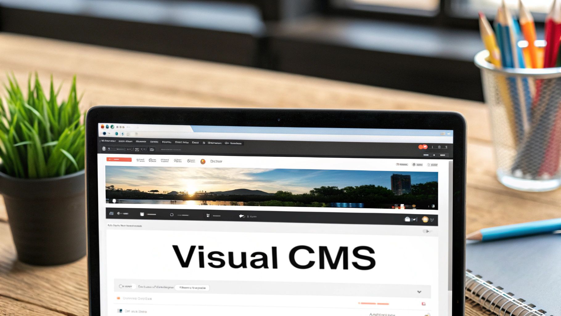 A laptop on a wooden desk displays a 'Visual CMS' website, alongside a plant and office supplies.