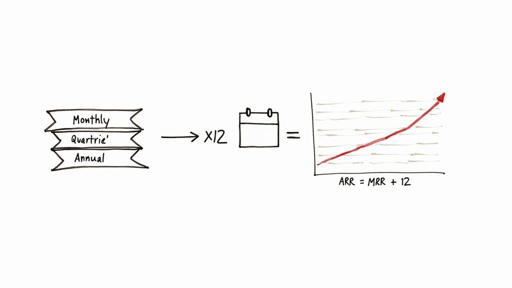 Diagram illustrating the calculation of Annual Recurring Revenue (ARR) from monthly, quarterly, and annual payments.