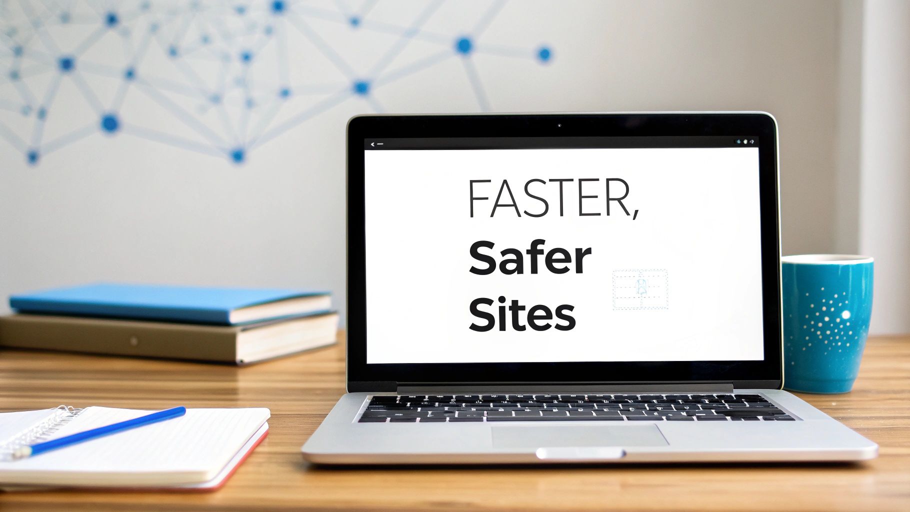 Laptop displaying 'FASTER, Safer Sites' on a wooden desk with books, a notebook, and a blue mug.