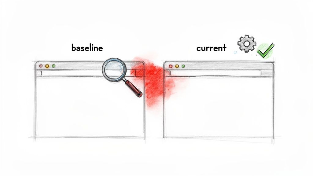 Comparison of baseline and current software states, showing an issue detected, and a resolved, current state.