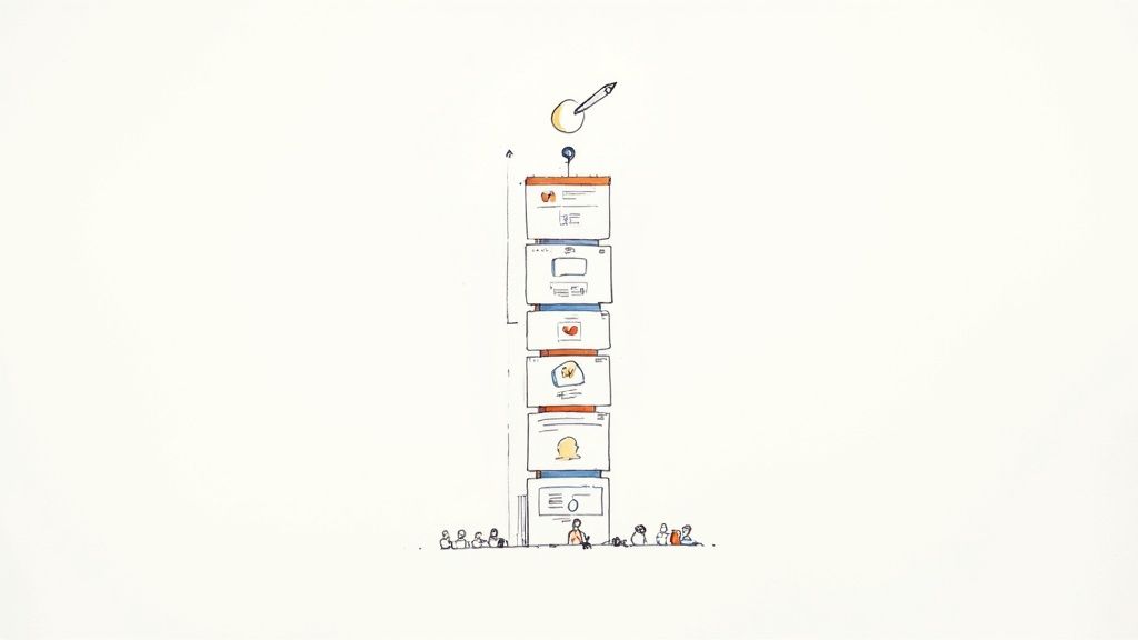 Hand-drawn illustration of a personal brand represented by a tall stack of online interfaces and social media apps.