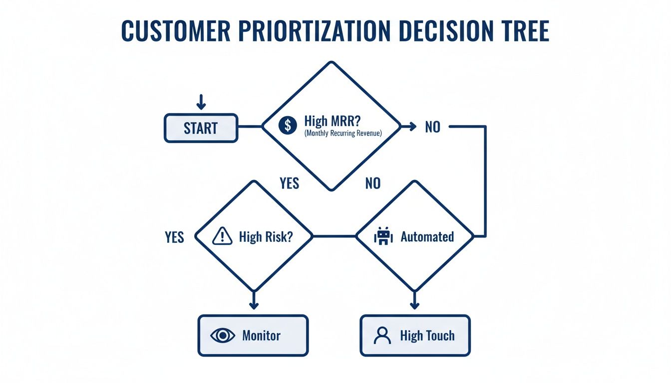 Flowchart illustrating a customer prioritization decision tree based on MRR, risk, and automation, leading to monitoring or high-touch strategies.
