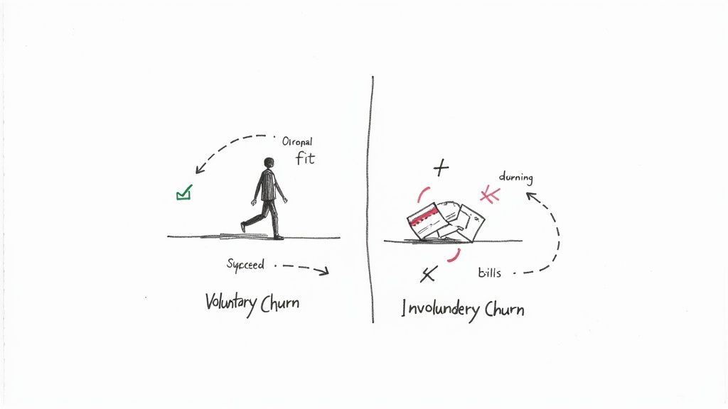 Hand-drawn diagram distinguishing voluntary churn (optimal fit, succeed) from involuntary churn (dunning, bills).