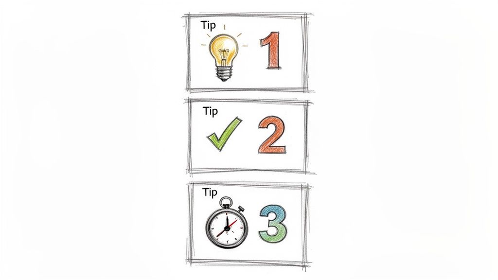 Hand-drawn sketch illustrating three numbered tips: a lightbulb, checkmark, and stopwatch representing ideas, verification, and speed.