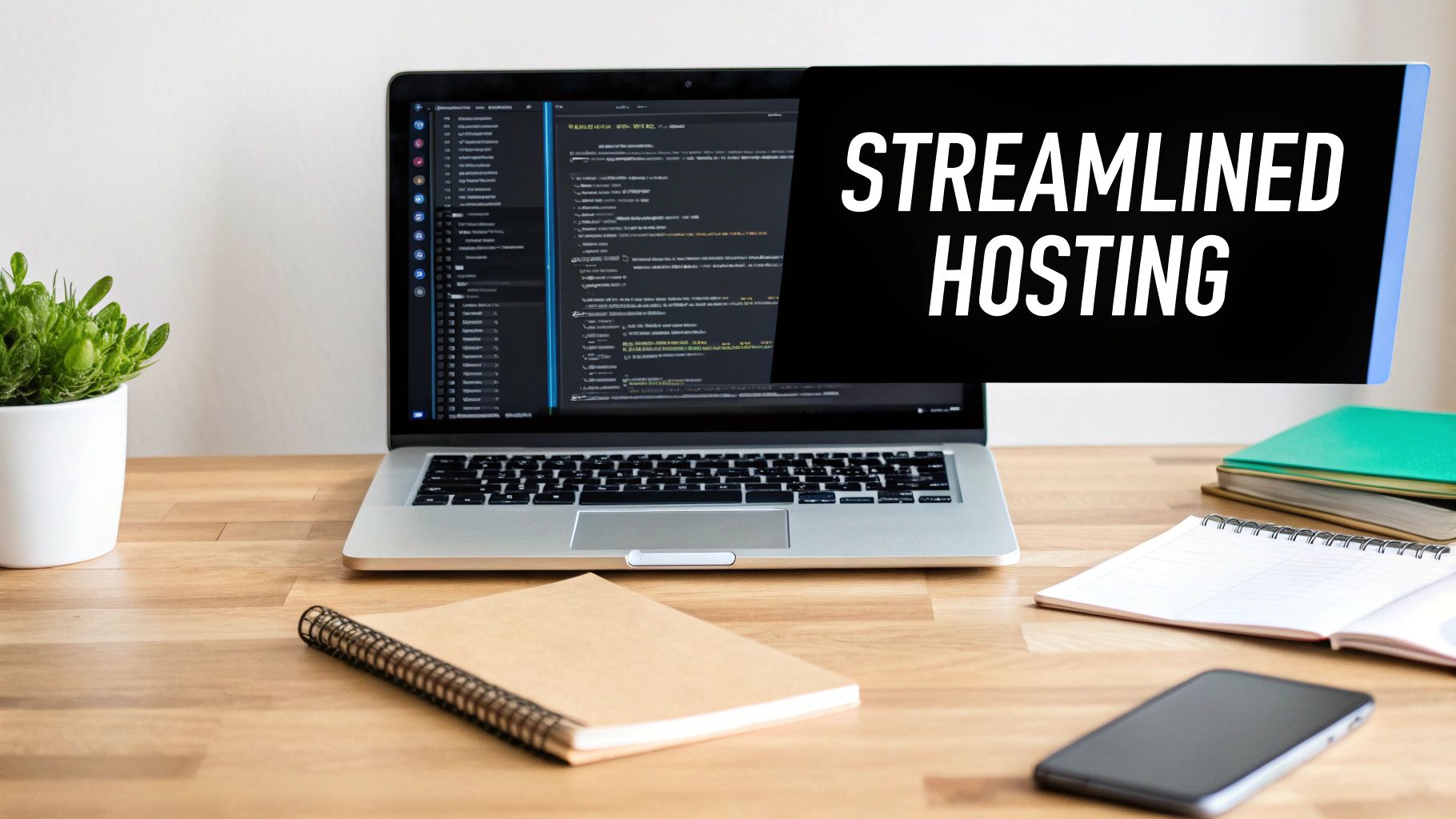 A modern workspace featuring a laptop displaying code, a green plant, notebooks, and a smartphone on a wooden desk. A black overlay with 'STREAMLINED HOSTING' text is on the screen.