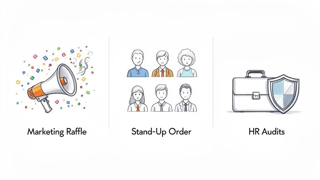 Three cartoon illustrations: a marketing megaphone, six diverse people for stand-up, and a briefcase with a shield for HR audits.