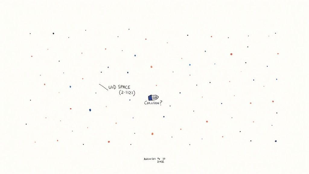 Hand-drawn illustration of colored dots representing UID space with text 'COLLISION?' next to a data packet.
