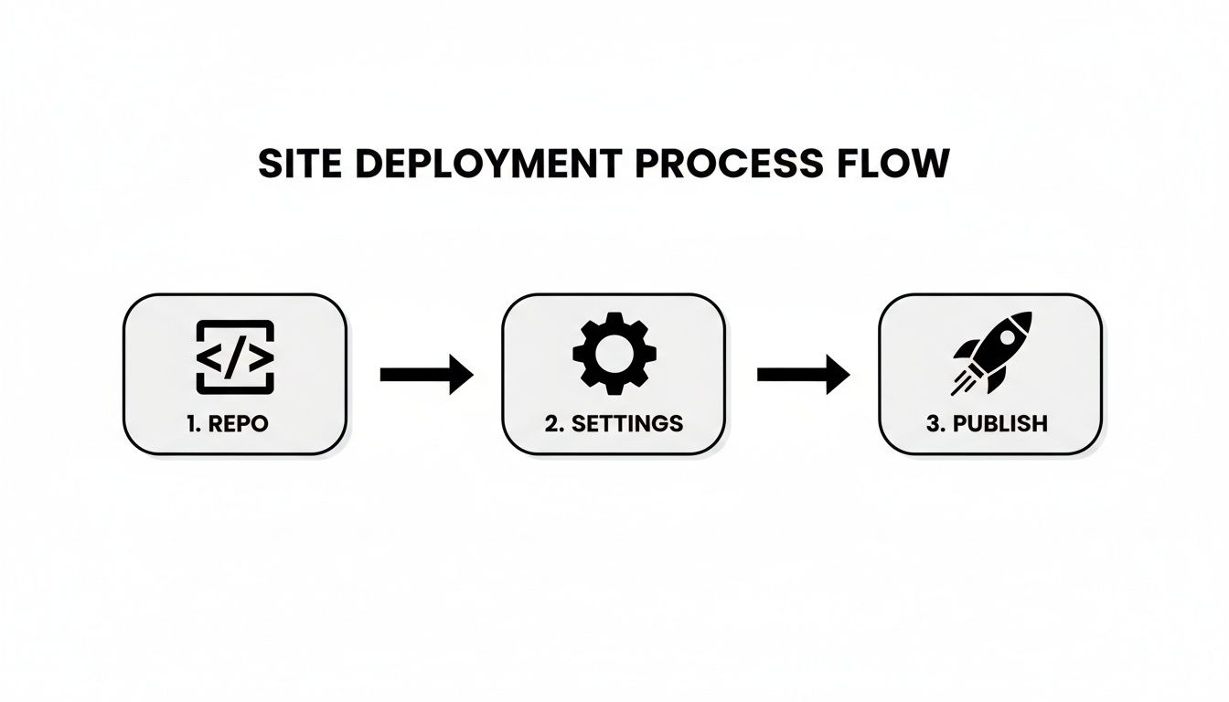 Diagram illustrating a three-step site deployment process: Repo, Settings, Publish, with arrows showing the flow.