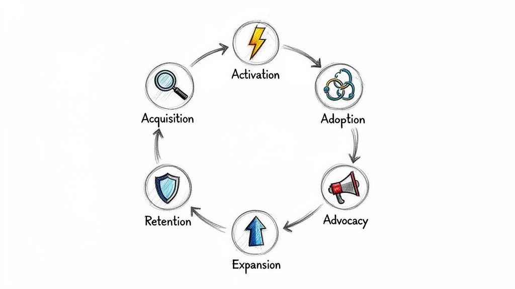 Circular diagram of the customer lifecycle showing Acquisition, Activation, Adoption, Advocacy, Expansion, and Retention stages.