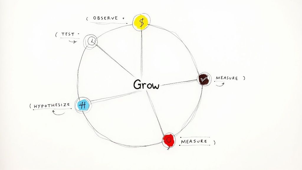Hand-drawn 'Grow' diagram illustrating an iterative cycle of observe, test, hypothesize, and measure steps.