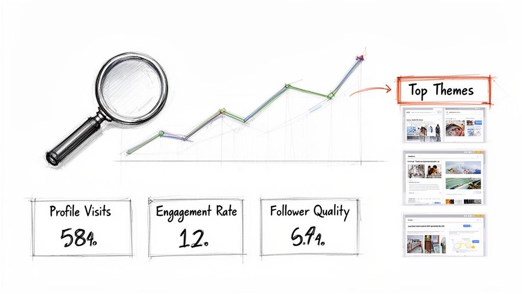 A visual representing social media analytics with growth trends, top content themes, and key metrics.