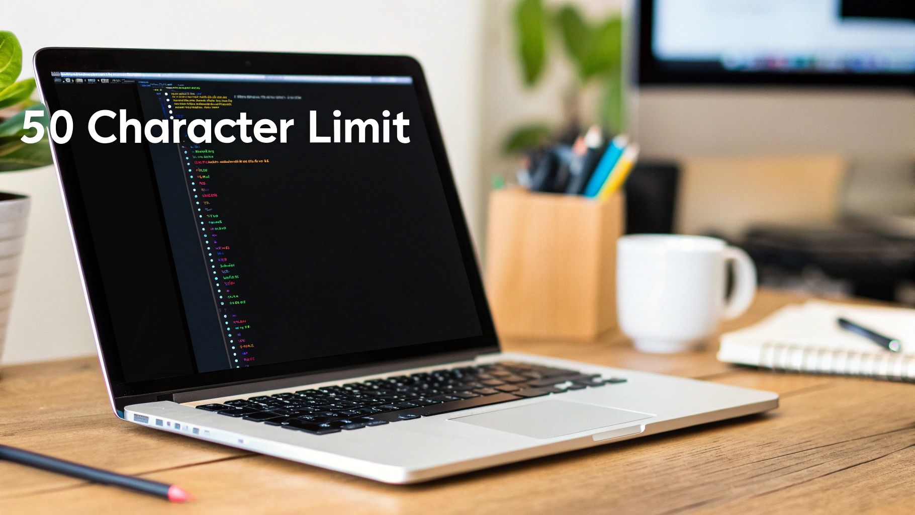 Laptop on a wooden desk with code on screen and '50 Character Limit' text overlay.