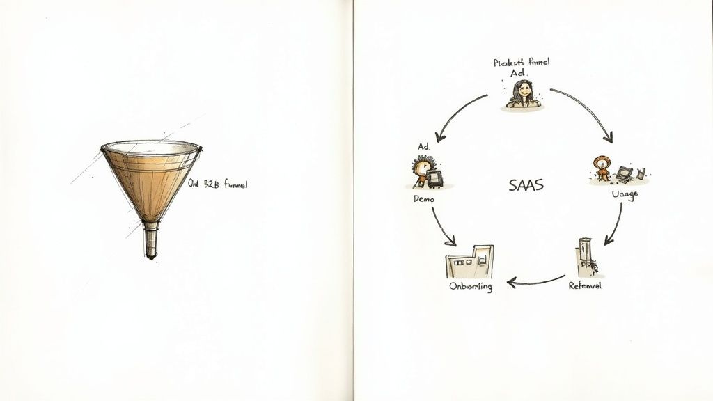 Comparison of a traditional B2B sales funnel with a modern SaaS customer journey loop, showing stages from ad to referral.