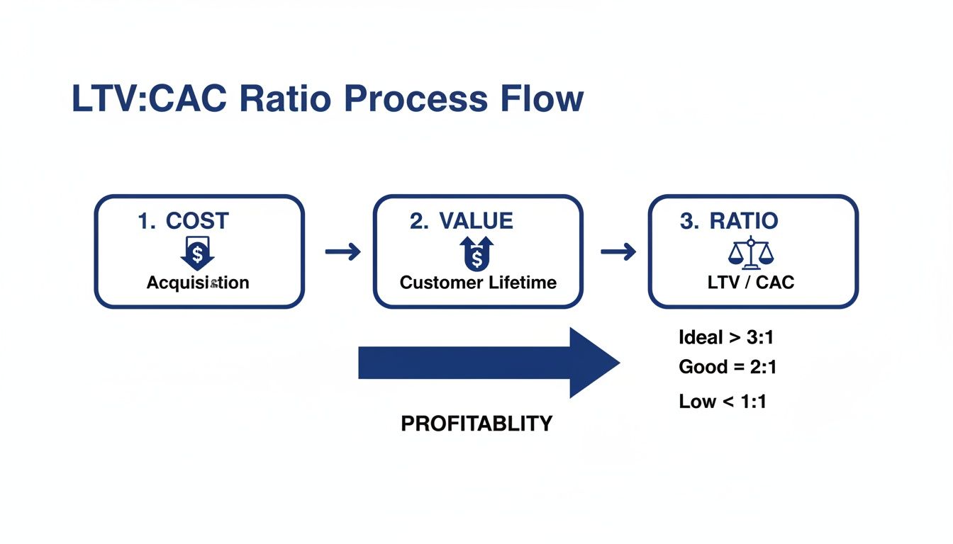LTV:CAC ratio process flow diagram, illustrating acquisition cost, customer lifetime value, and profitability benchmarks.