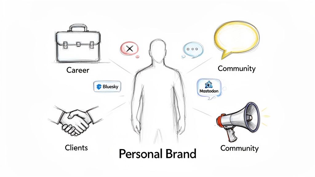 A diagram illustrating the concept of personal brand, connecting career, clients, and community via social media.
