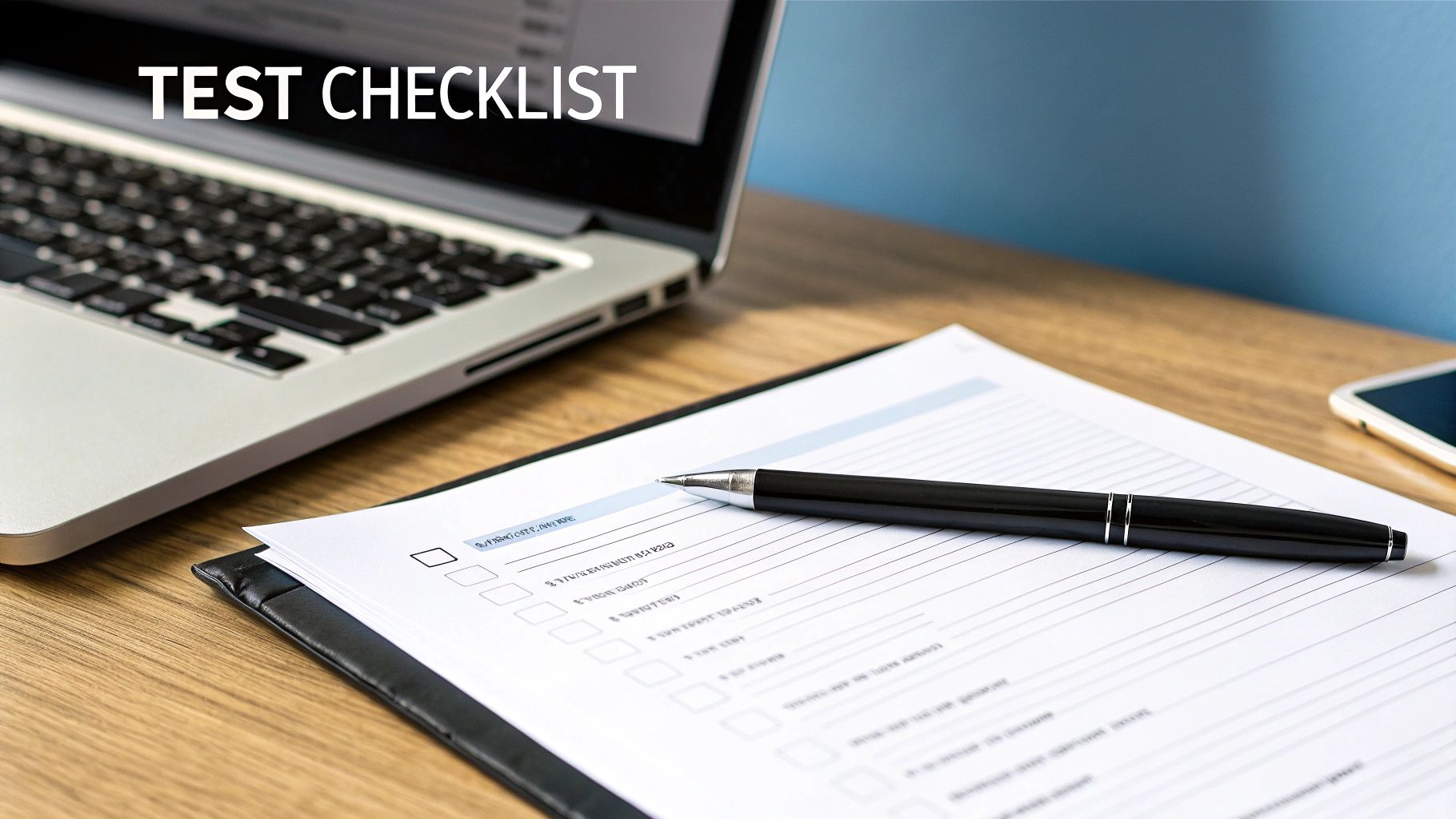 Laptop and a test checklist document with a pen on a wooden desk.