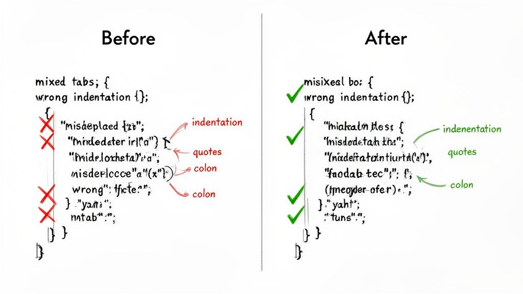 Side-by-side image comparing code with common formatting errors like indentation, quotes, and colons, to its corrected version.