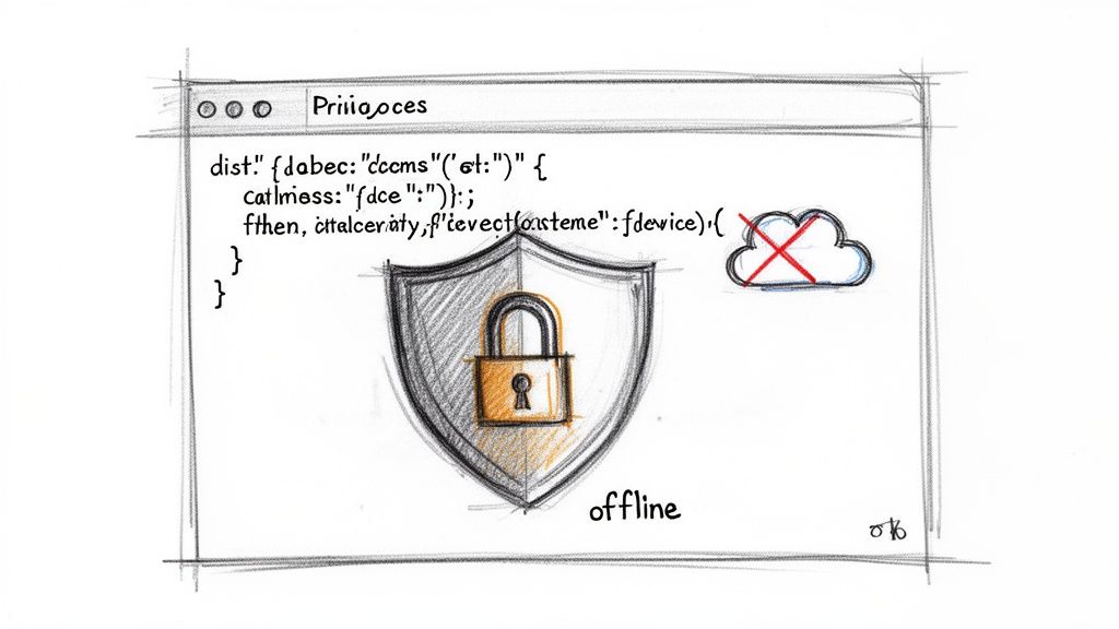 Hand-drawn web browser showing code, a locked shield, crossed-out cloud, and 'offline' for data privacy.