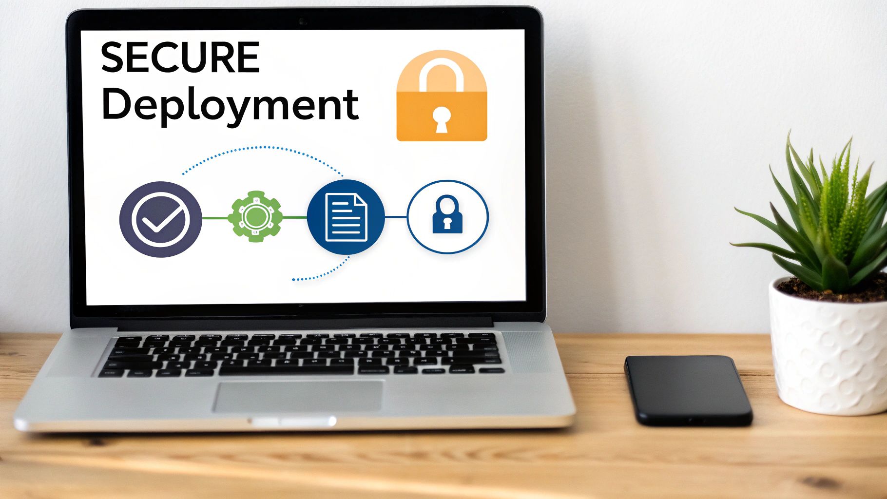 A laptop screen displays 'SECURE Deployment' with process icons for a secure development workflow.