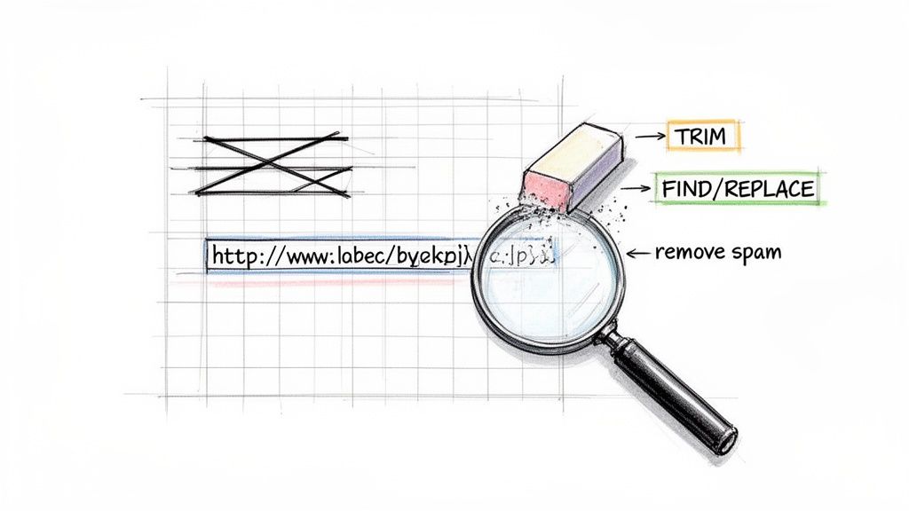 Illustration showing a URL being cleaned with an eraser and magnifying glass, demonstrating TRIM, FIND/REPLACE, and spam removal.