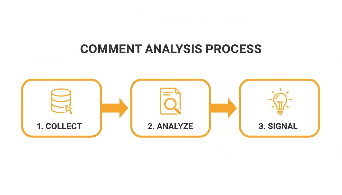 A three-step diagram outlining the comment analysis process: collect, analyze, and signal.