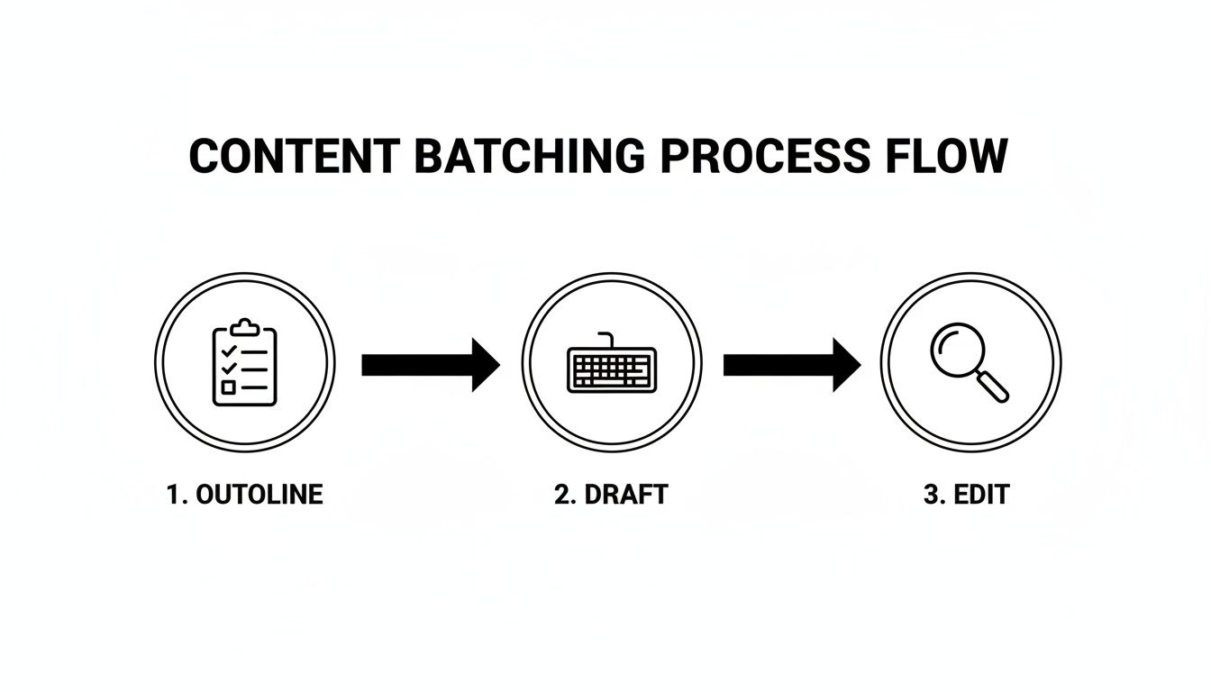 A content batching process flow diagram with three steps: 1. OUTOLINE, 2. DRAFT, and 3. EDIT.