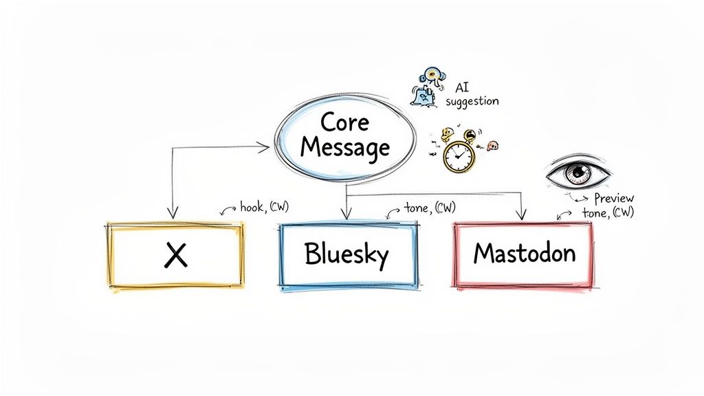 Diagram illustrating core message adaptation for social media platforms X, Bluesky, and Mastodon, with AI suggestions and preview.