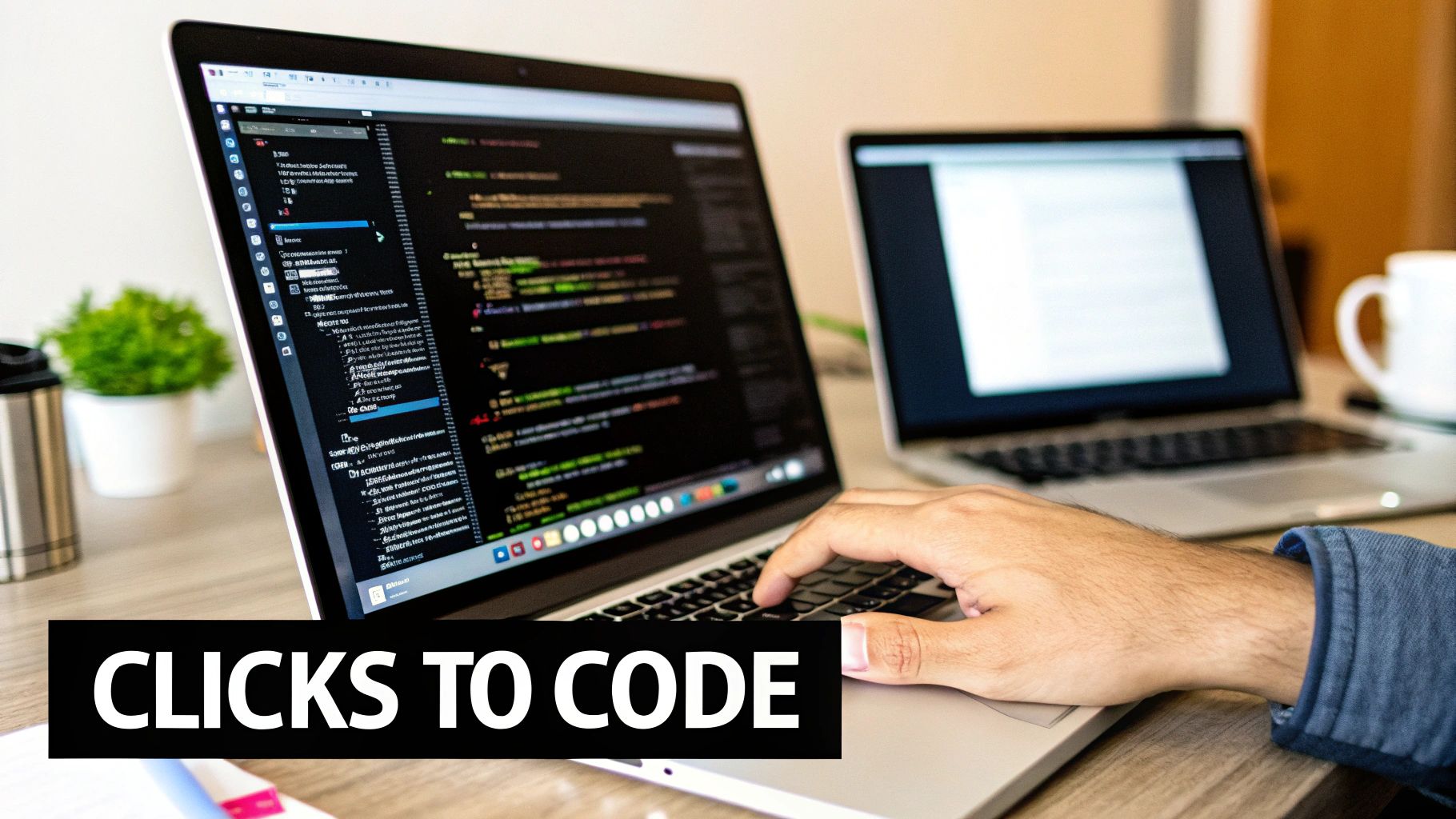 A hand typing on a laptop screen showing programming code, with 'CLICKS TO CODE' overlay.