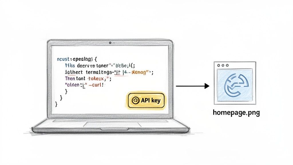 A laptop displays code and an API key button, demonstrating automated website screenshot generation.