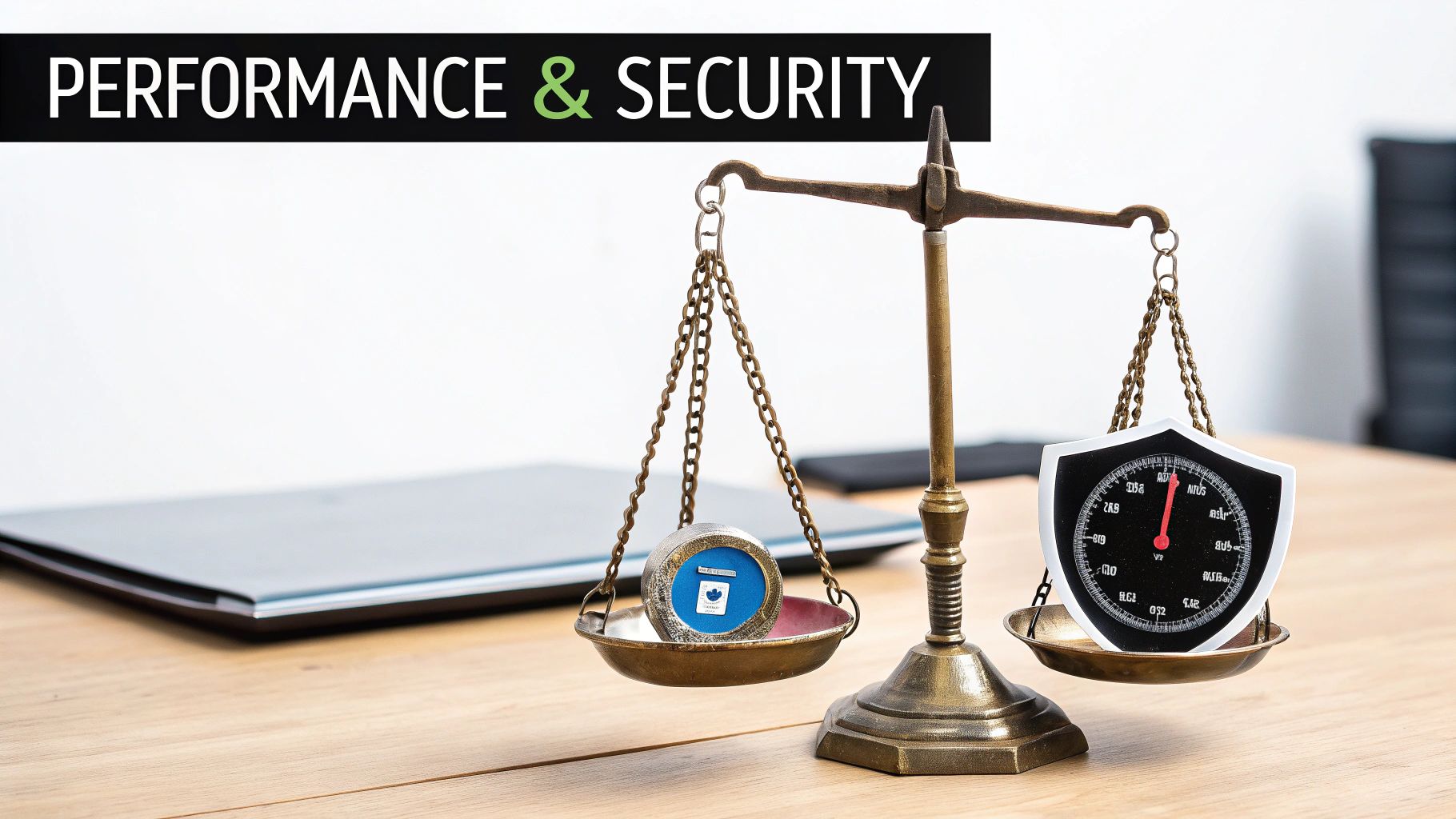A bronze scale balancing a security shield and a performance speedometer on a wooden desk.