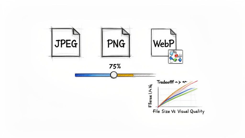 Illustration comparing JPEG, PNG, and WebP image formats with a 75% quality slider and tradeoff graph.