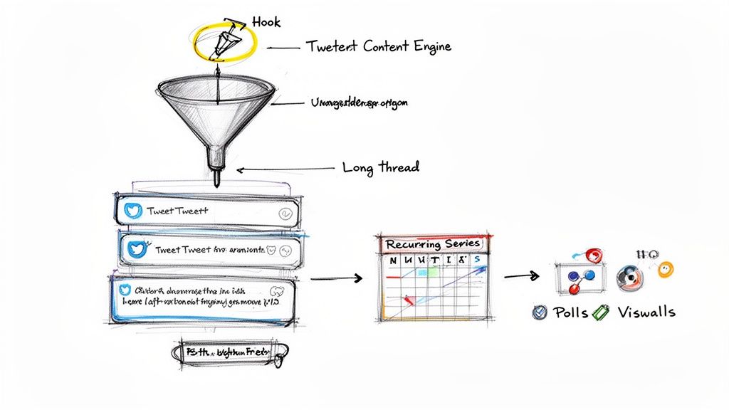 Diagram showing content generation from a hook, through a funnel to tweet threads, recurring series, polls, and viswalls.
