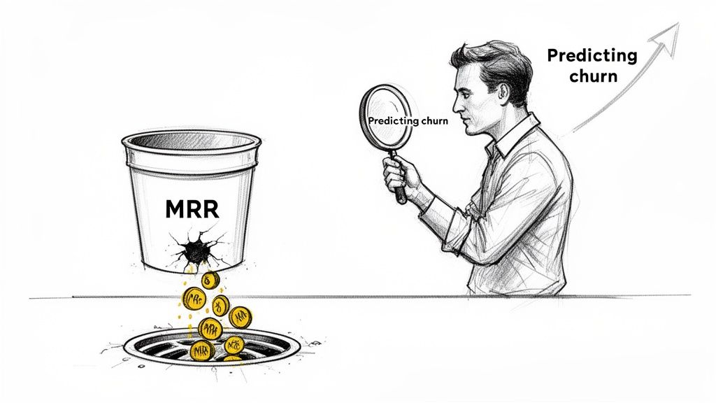 Man uses a magnifying glass to predict customer churn, as MRR leaks from a bucket.