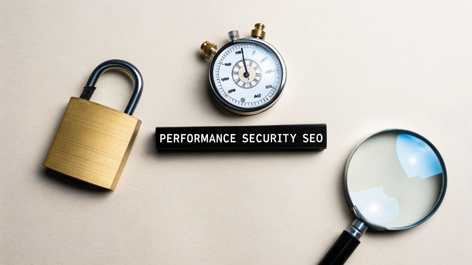 Padlock, stopwatch, magnifying glass, and 'PERFORMANCE SECURITY SEO' text on a light background.